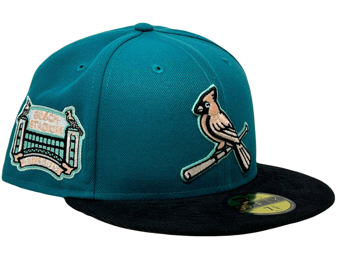 St. Louis Cardinals Busch Stadium Aqua Black Corduroy Visor Peach Brim New Era Fitted Hat