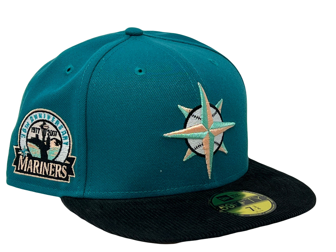 Seattle Mariners 30th Anniversary Aqua Blue Black Corduroy Visor Fitted Hats