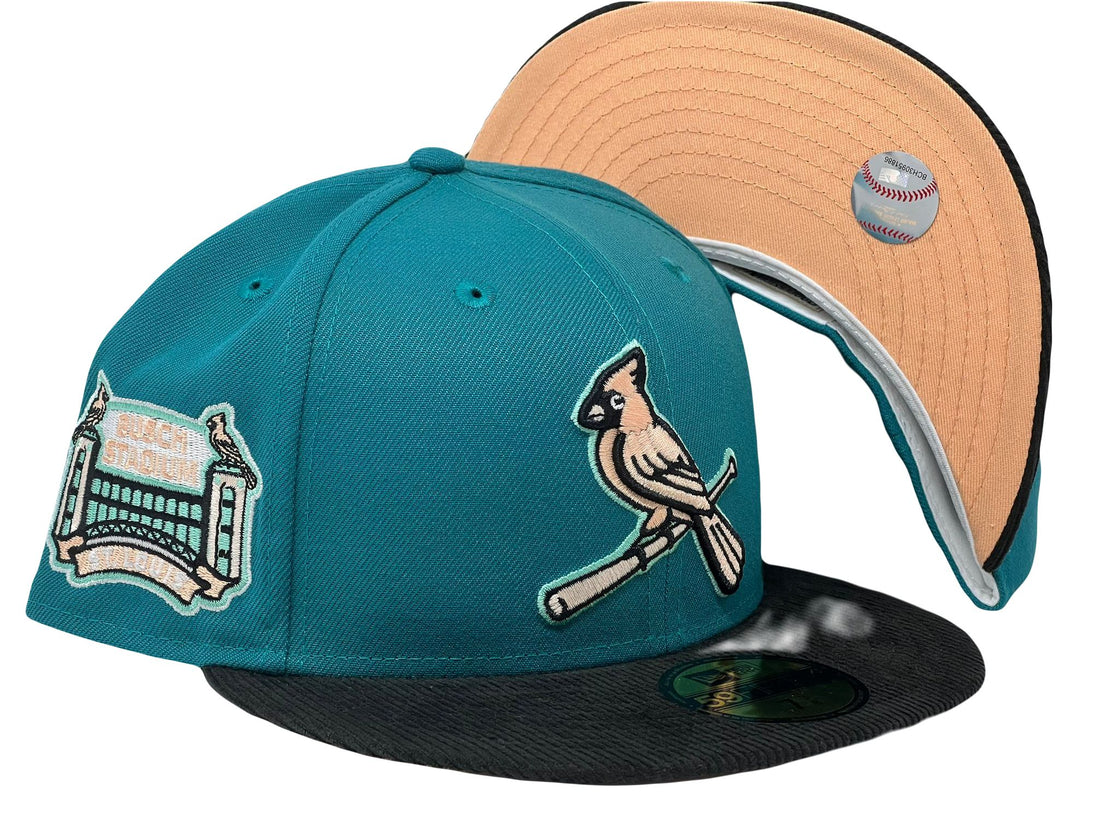 St. Louis Cardinals Busch Stadium Aqua Black Corduroy Visor Peach Brim New Era Fitted Hat