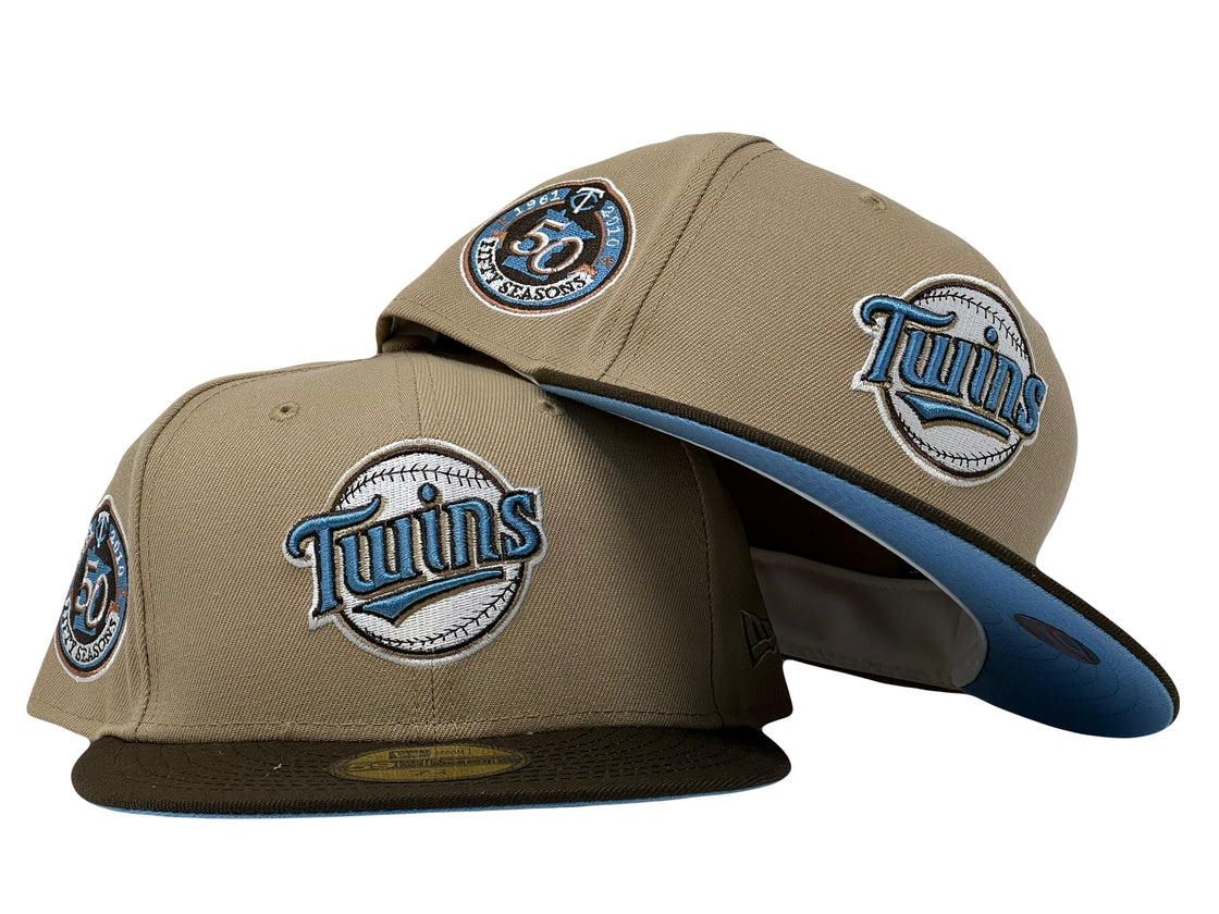 MINNESOTA TWINS 50TH ANNIVERSARY CAMEL BROWN VISOR ICY BRIM NEW ERA FITTED HAT