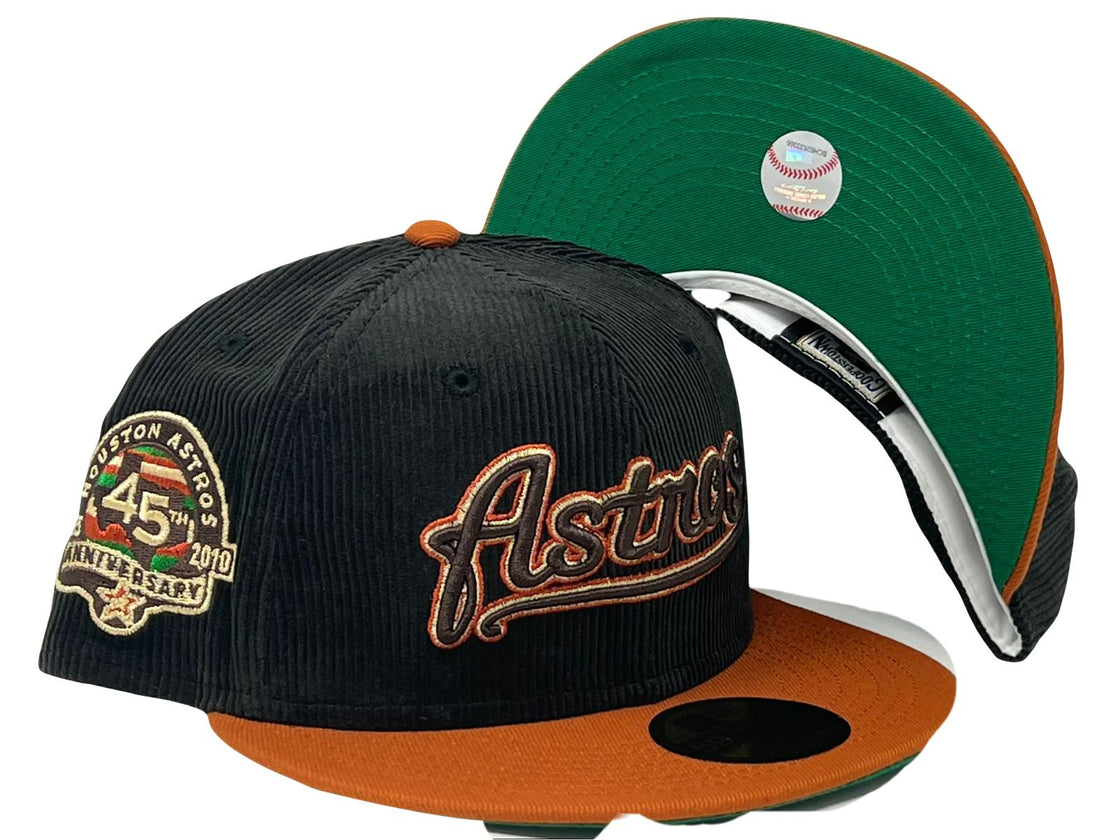 Houston Astros 45th Anniversary Black Corduroy Crown Rust Orange Visor Green Brim New Era Fitted Hat