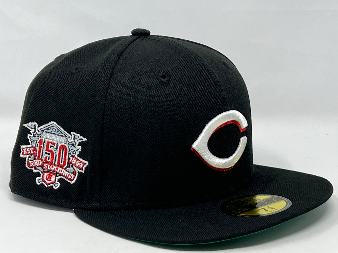 CINCINNATI REDS 150TH ANNIVERSARY BLACK GREEN BRIM NEW ERA FITTED HAT
