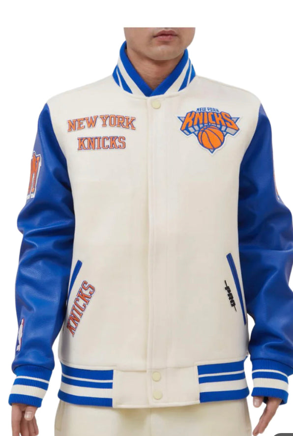 NEW YORK KNICKS RETRO CLASSIC RIB WOOL VARSITY JACKET (EGGSHELL/ ROYAL –  Pro Standard