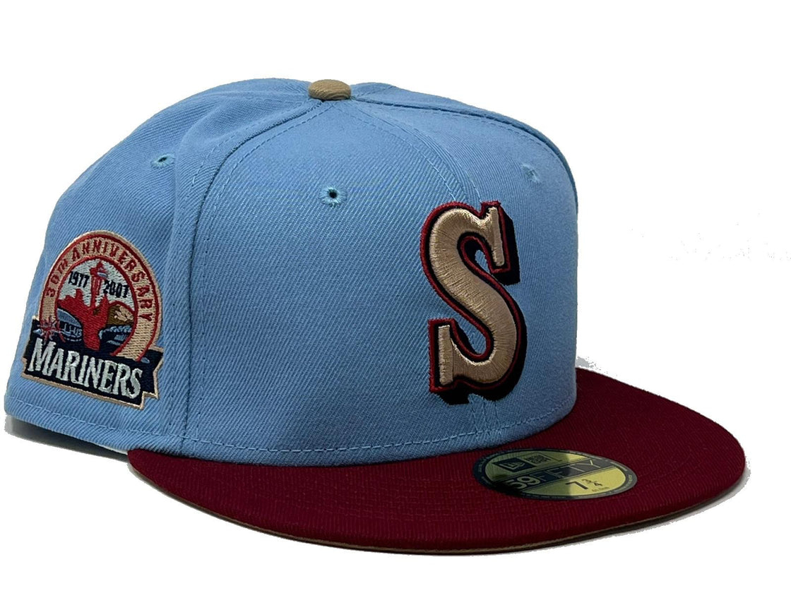 Seattle Mariners 30th Anniversary Sky Blue Crown Burgundy Visor Fitted Hats