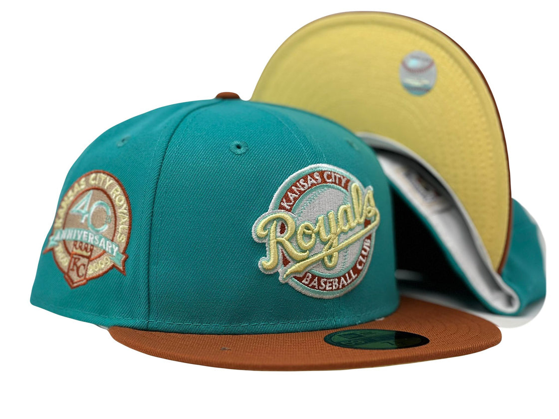 Kansas City Royals 40th Anniversary Aqua Green Rust Orange Visor Butter Popcorn Brim New Era Fitted Hat
