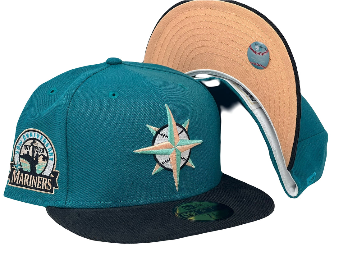 Seattle Mariners 30th Anniversary Aqua Blue Black Corduroy Visor Fitted Hats