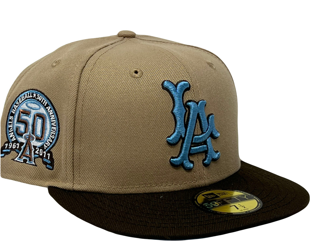 LOS ANGELES ANGELS 50TH ANNIVERSARY CAMEL BROWN VISOR ICY BRIM NEW ERA FITTED HAT