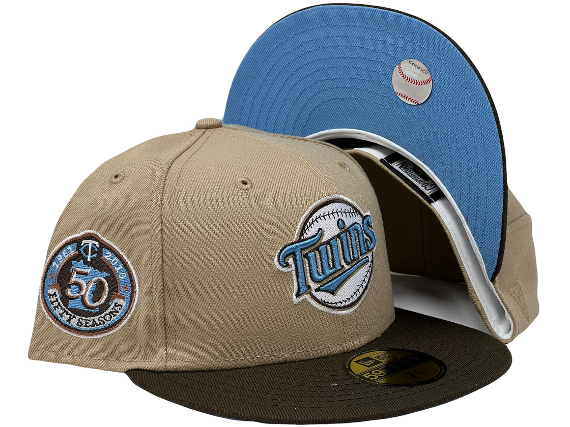 MINNESOTA TWINS 50TH ANNIVERSARY CAMEL BROWN VISOR ICY BRIM NEW ERA FITTED HAT