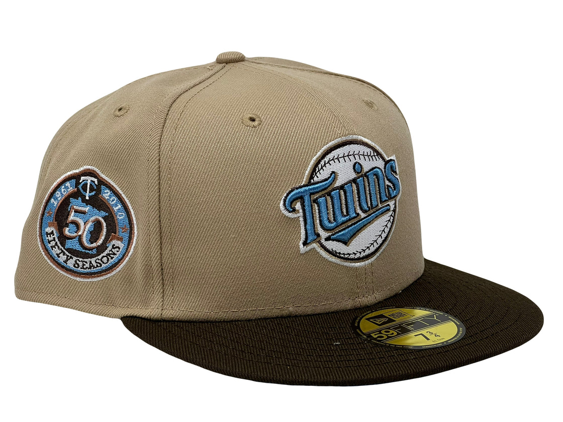 MINNESOTA TWINS 50TH ANNIVERSARY CAMEL BROWN VISOR ICY BRIM NEW ERA FITTED HAT