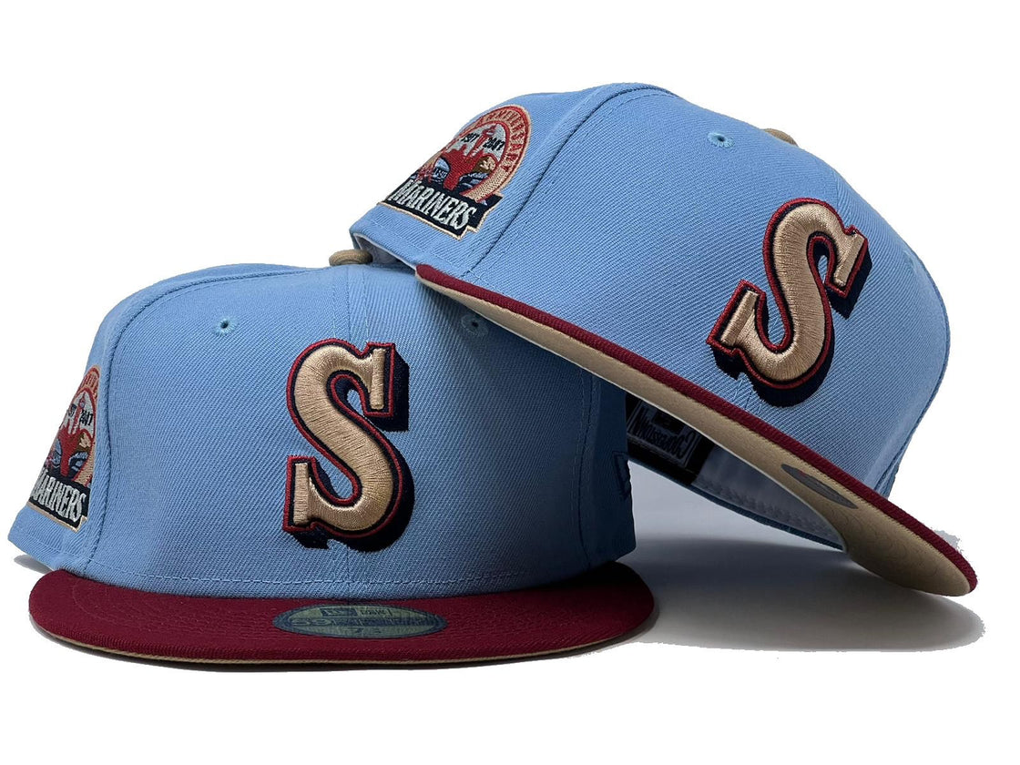 Seattle Mariners 30th Anniversary Sky Blue Crown Burgundy Visor Fitted Hats