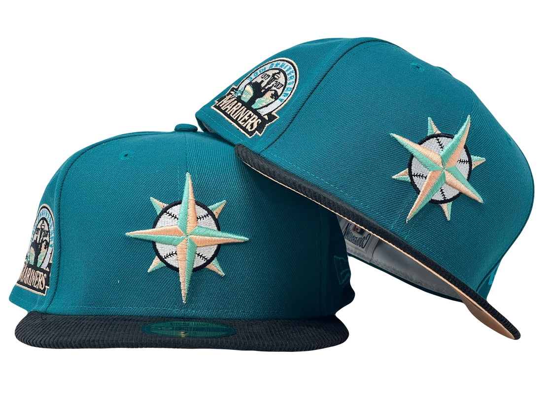 Seattle Mariners 30th Anniversary Aqua Blue Black Corduroy Visor Fitted Hats