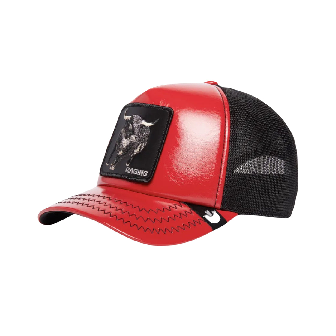 Bull Raging Pamplona Puff Patent The Farm Red and Black Trucker Hat