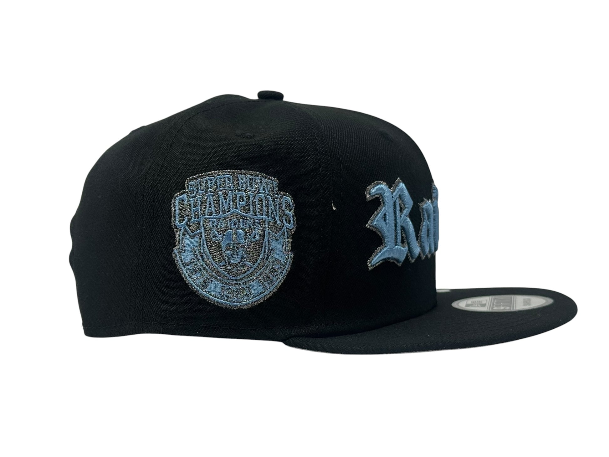 Oakland Raiders 3X Super bowl Champ 9Fifty New Era Snapback Hats Black/ Sky
