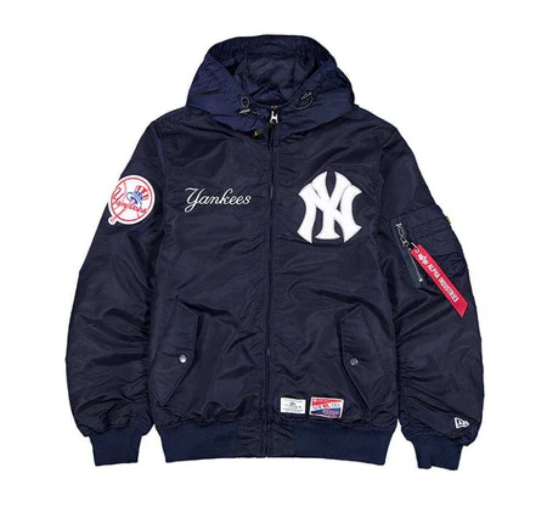 New York Yankees X Alpha X New Era L-2B Navy Blue Bomber Jacket with Hood