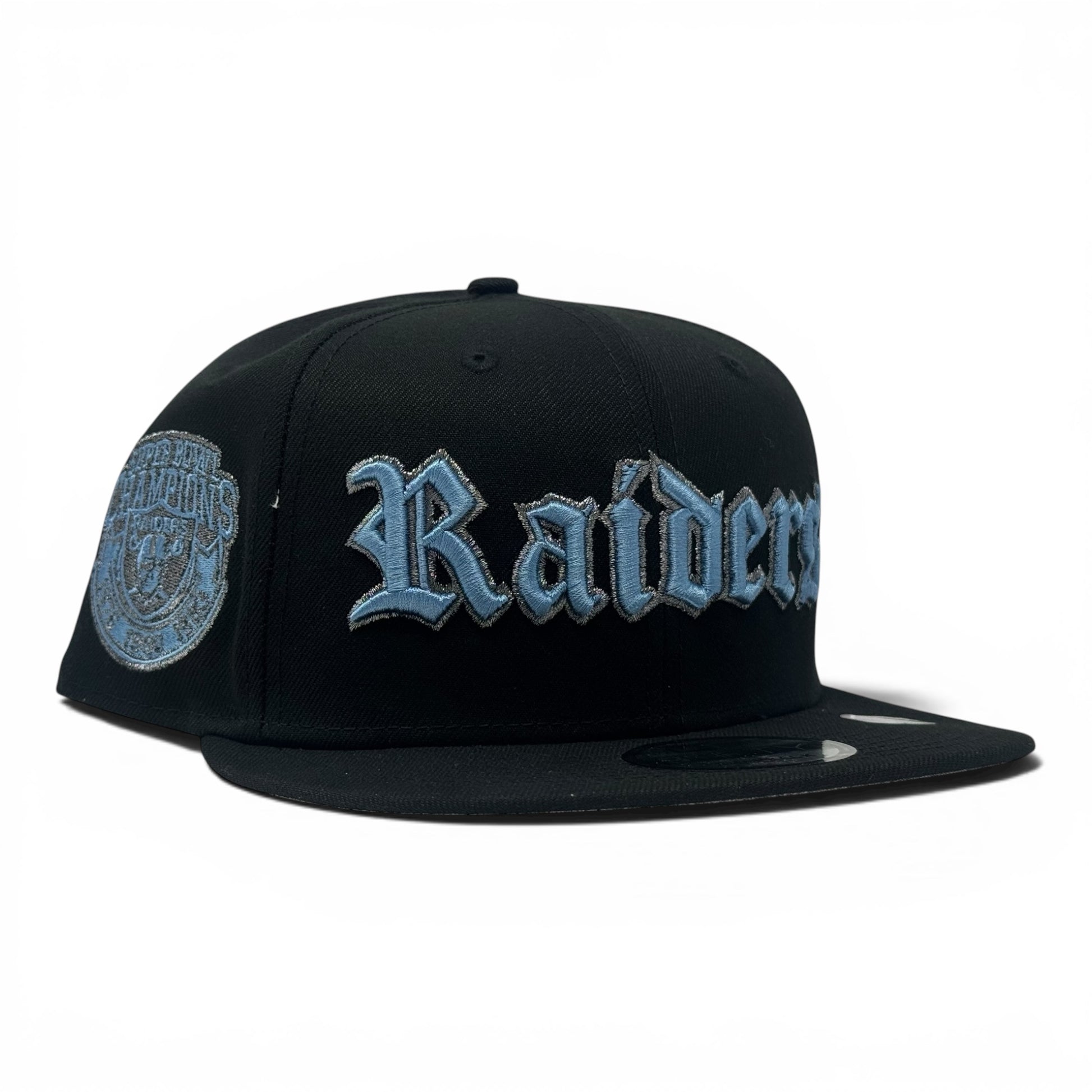 Oakland Raiders 3X Super bowl Champ 9Fifty New Era Snapback Hats Black/ Sky