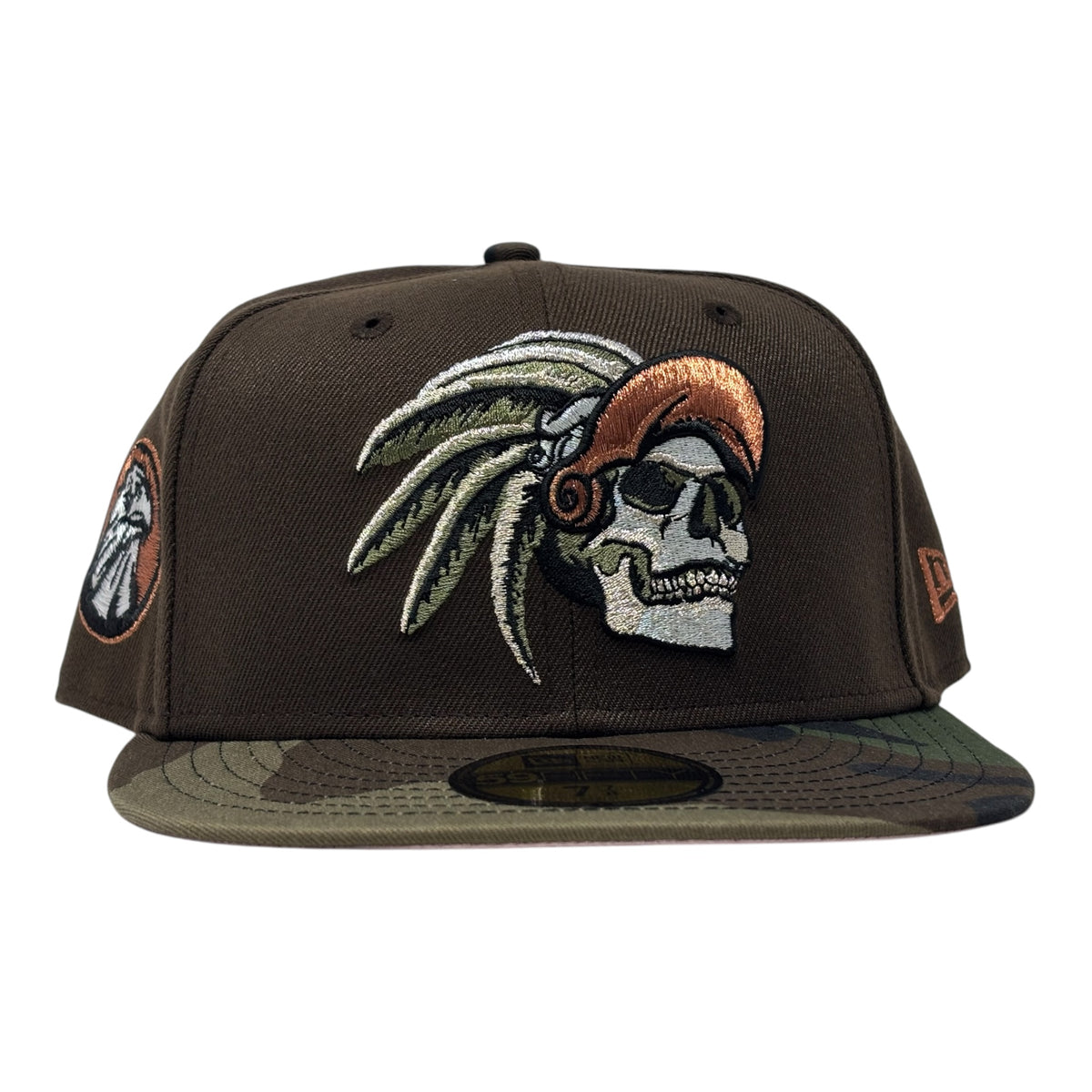 Aztec Skull Warriors Pink Brim New Era Fitted Hat-Brown Woodland Camouflage