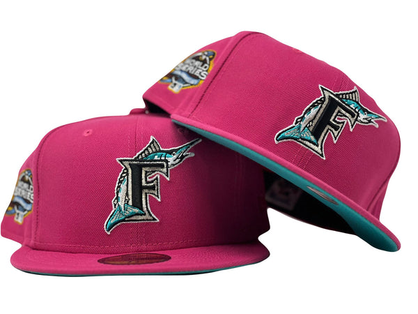 Florida Marlins Flowers 2003 World Series 100 Anniversary New Era 59Fifty  Fitted Hat (Glow in the Dark Red Gray Under brim)