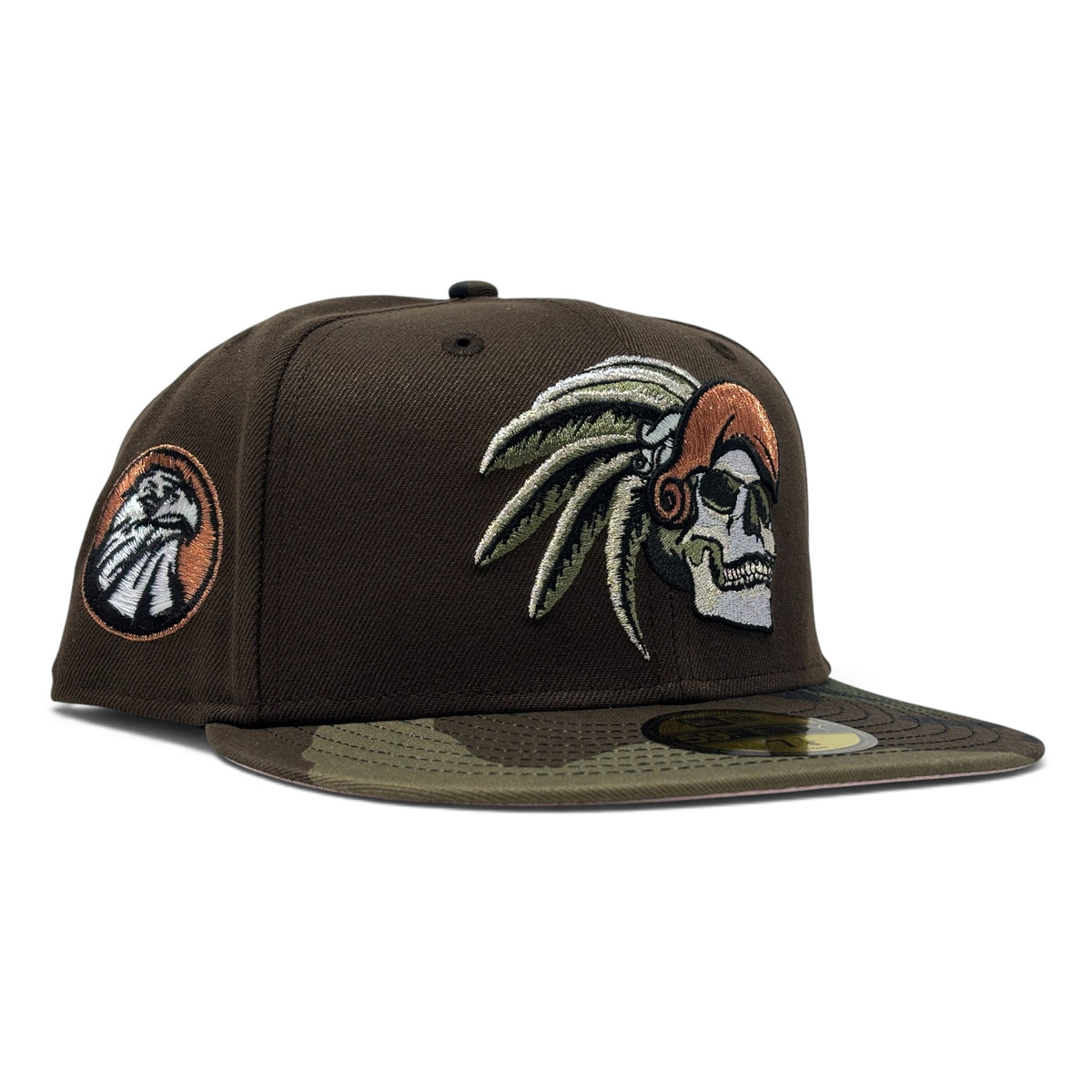 Aztec Skull Warriors Pink Brim New Era Fitted Hat-Brown Woodland Camouflage
