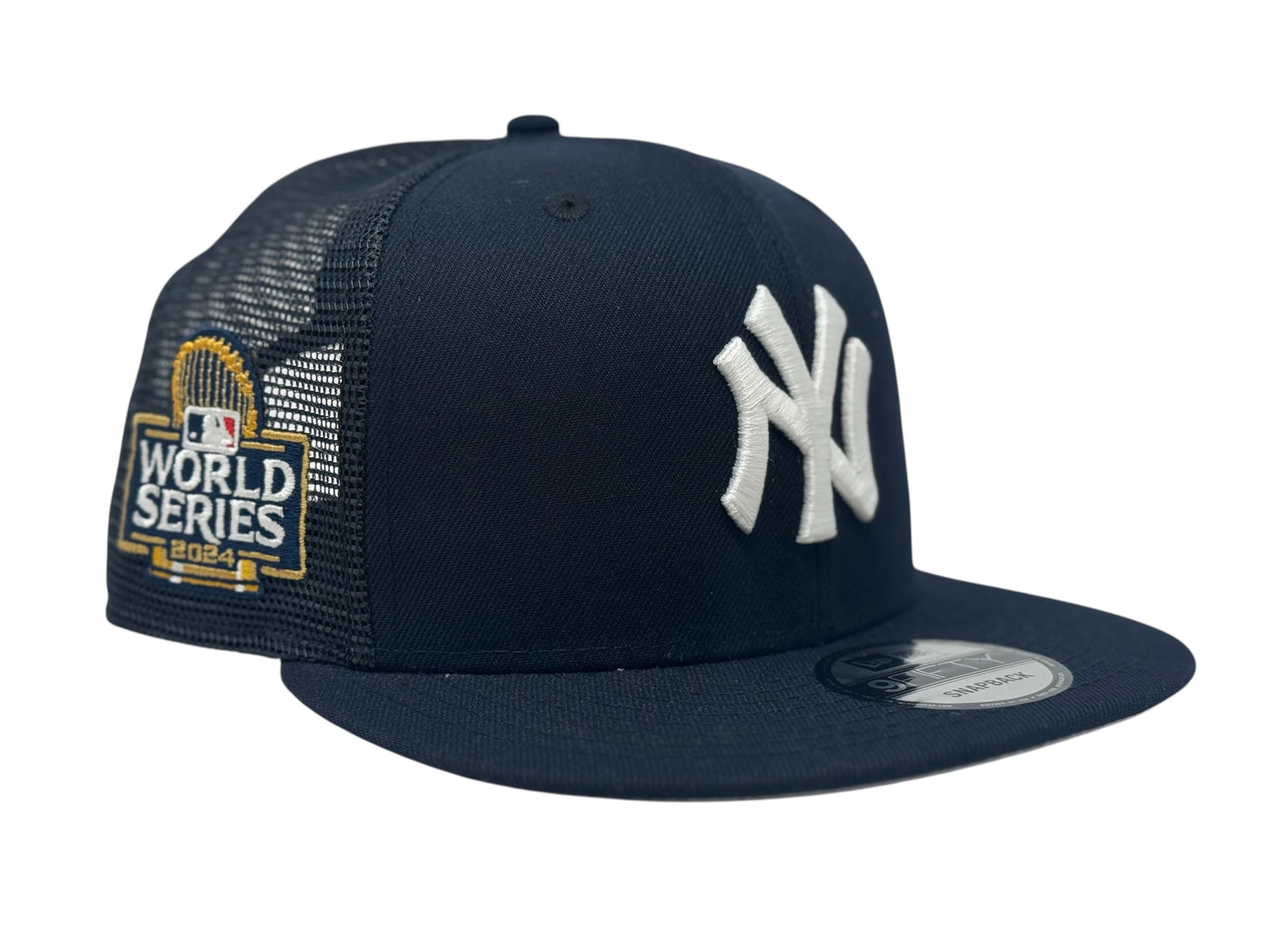 Navy blue baseball cap with white logo and World Series patch 