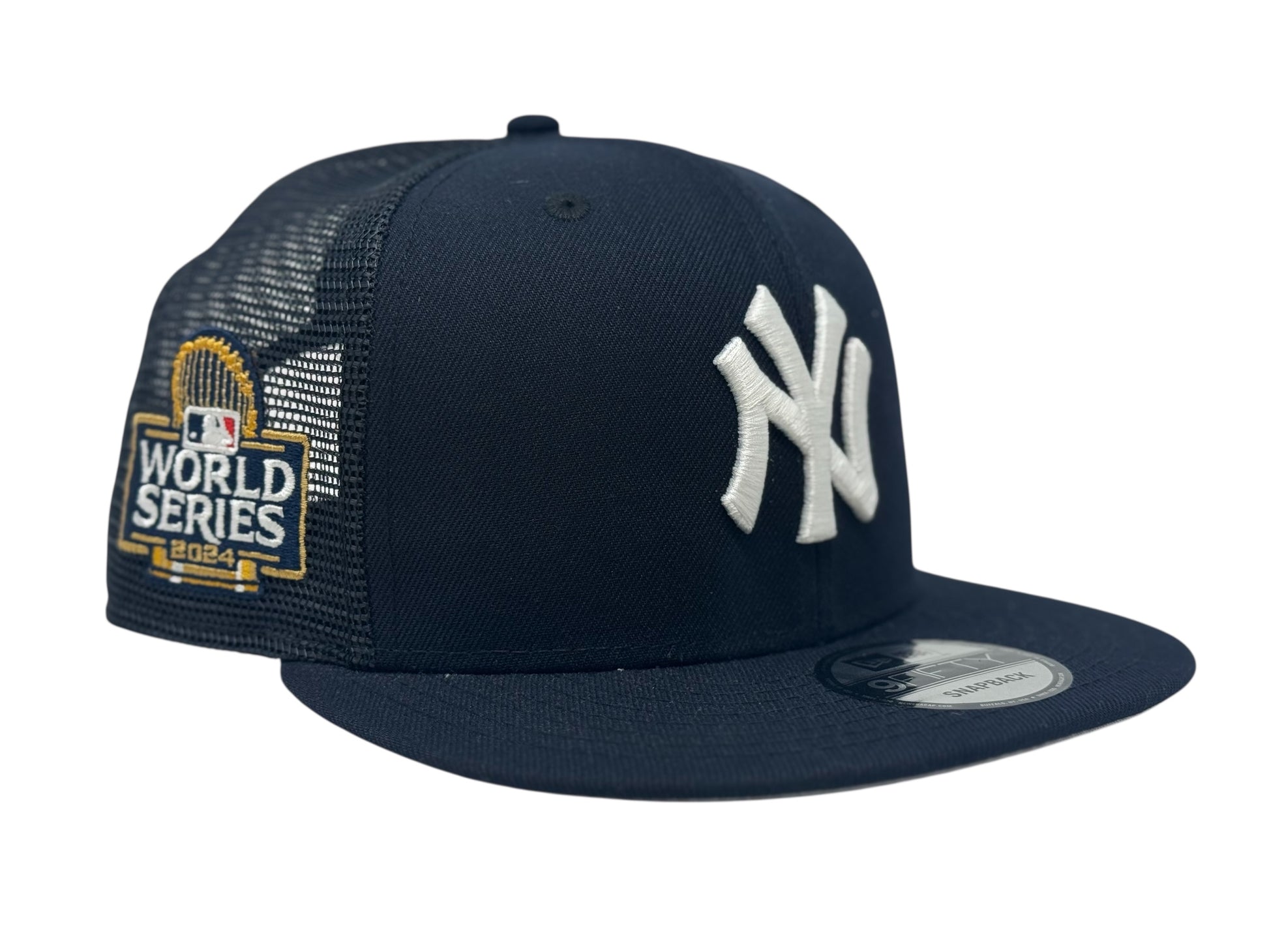 Navy blue baseball cap with white logo and World Series patch 