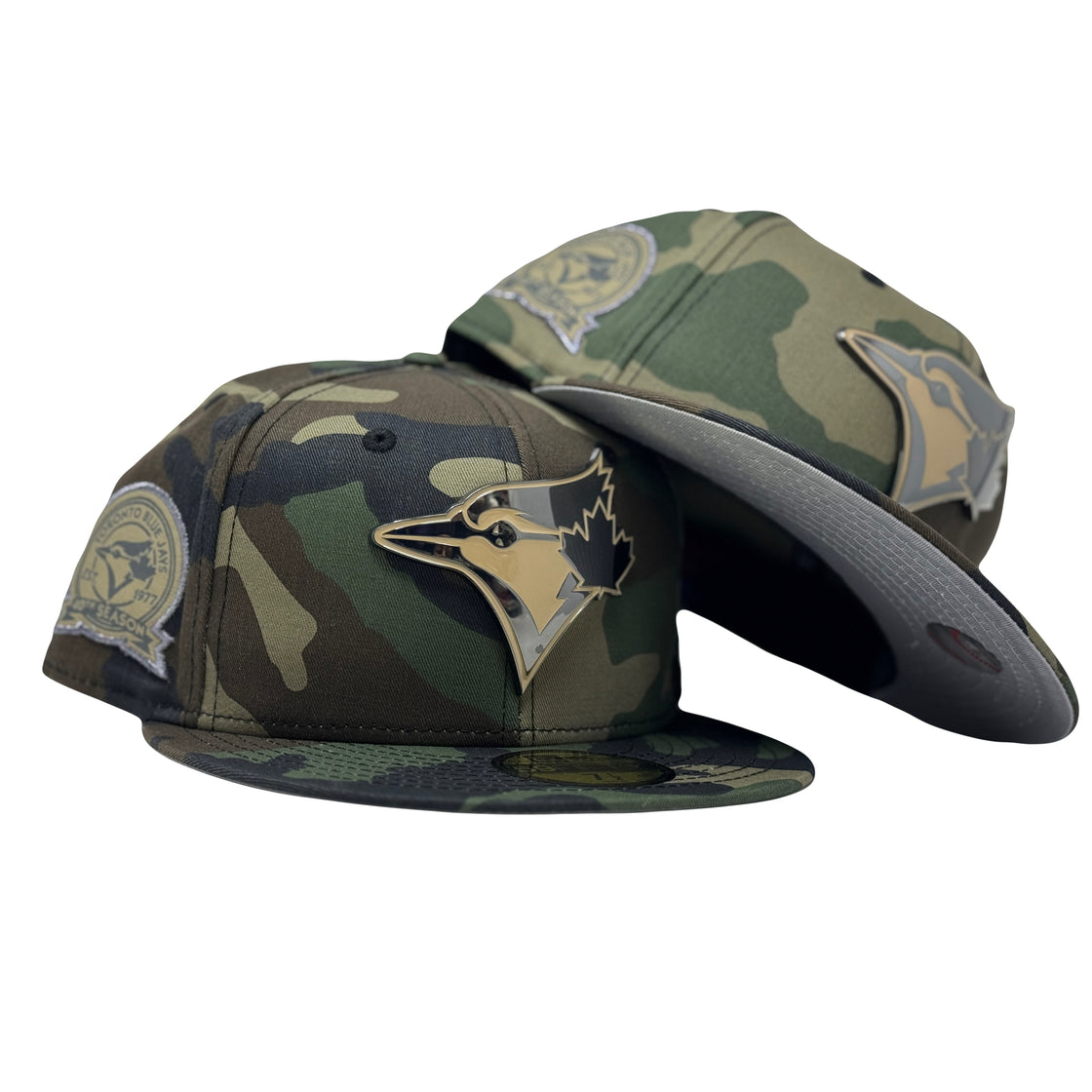 Toronto Blue Jays 40th Anniversary Metal Logo Woodland Camouflage Fitted Hat