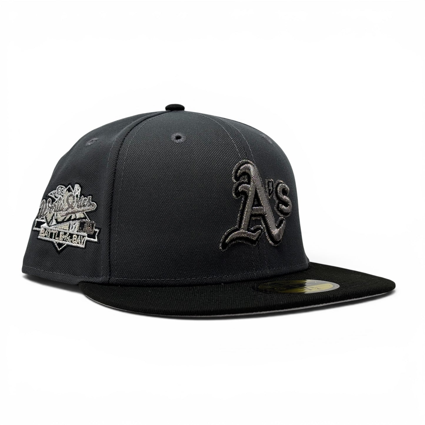 Oakland Athletics 1989 World Series Metallic Logo Fitted Hat- Dark Gray Black
