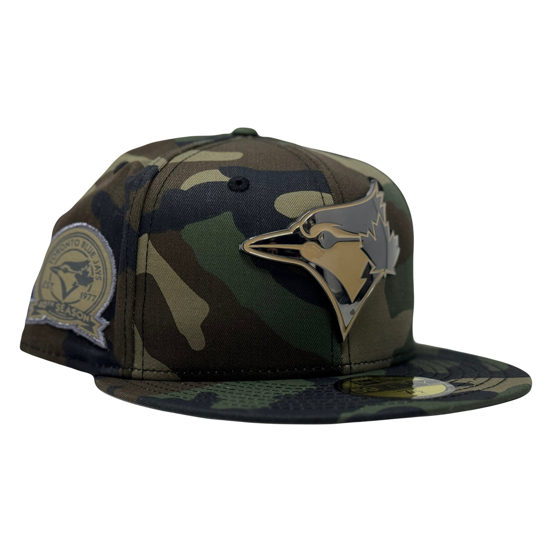 Toronto Blue Jays 40th Anniversary Metal Logo Woodland Camouflage Fitted Hat