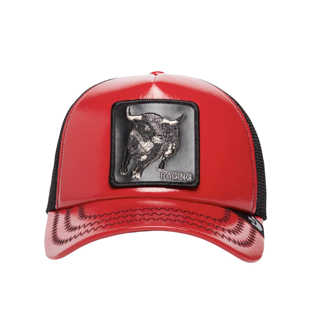 Bull Raging Pamplona Puff Patent The Farm Red and Black Trucker Hat