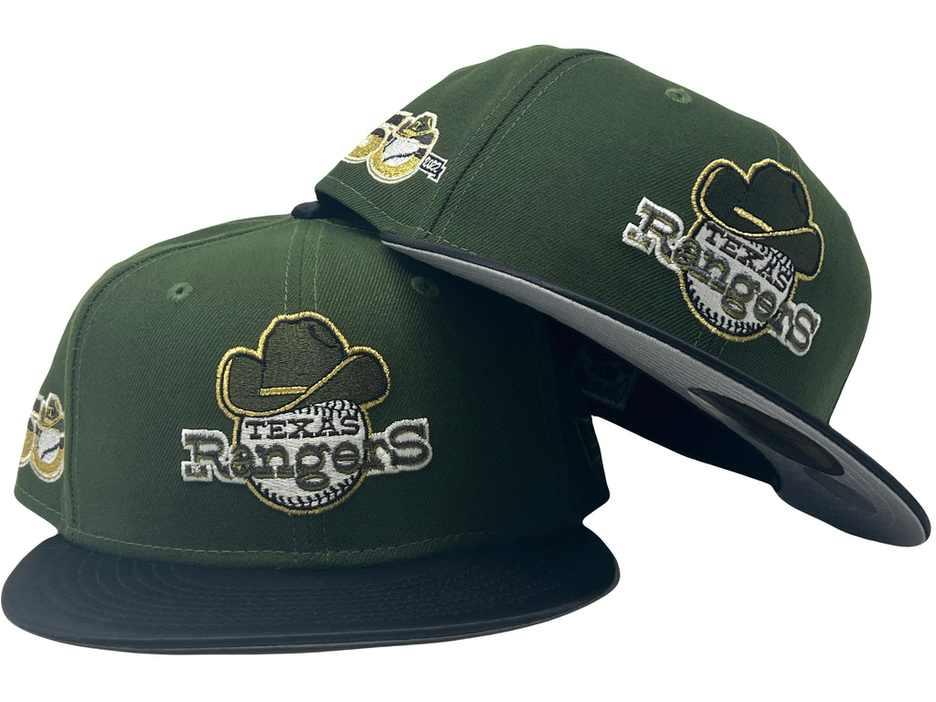 TEXAS RANGERS 50TH ANNIVERSARY BLACK SATIN VISOR NEW ERA FITTED HAT