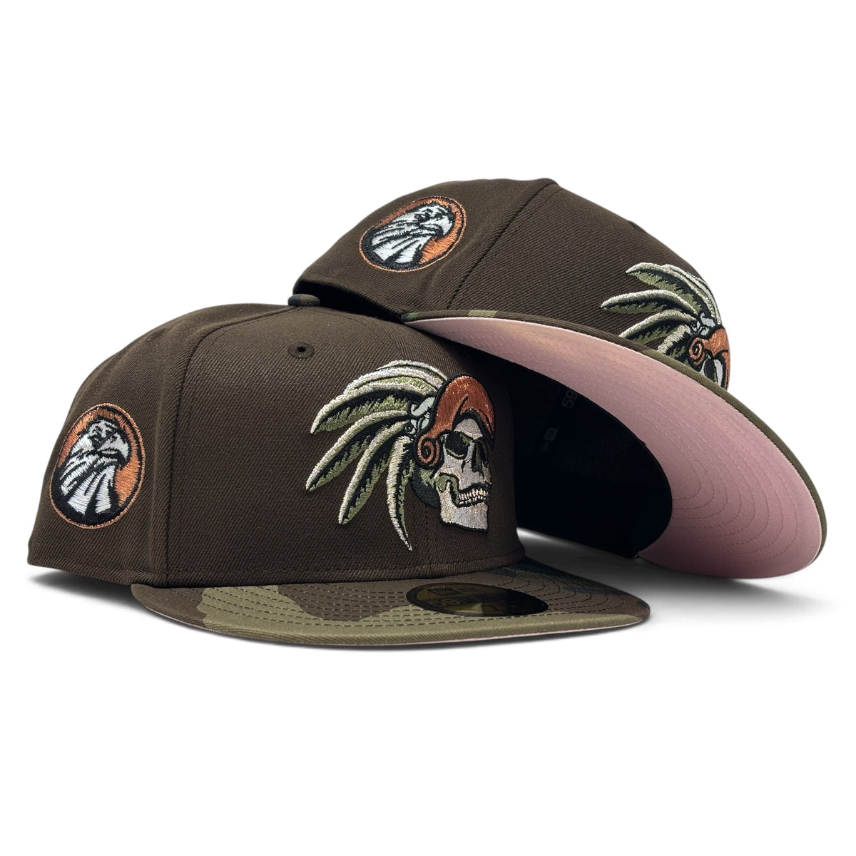 Aztec Skull Warriors Pink Brim New Era Fitted Hat-Brown Woodland Camouflage