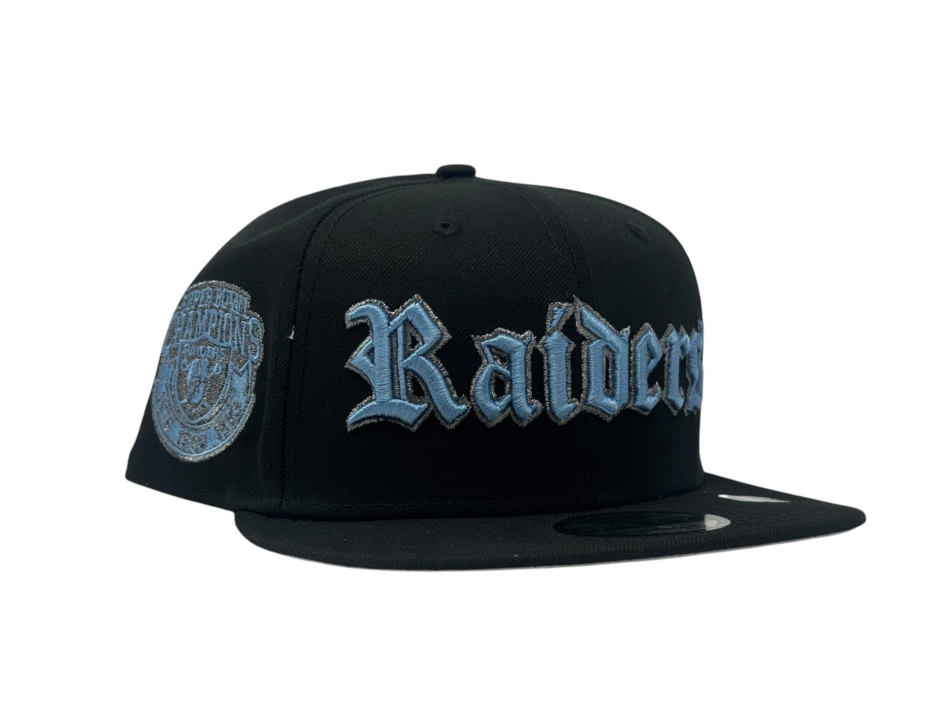 Oakland Raiders 3X Super bowl Champ 9Fifty New Era Snapback Hats Black/ Sky
