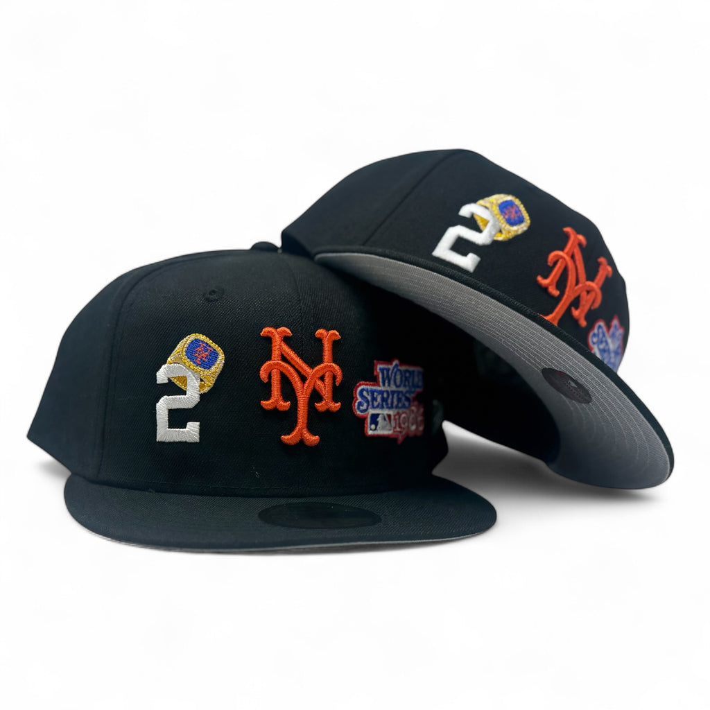 New York Mets 2X Champions Multi Logo Fitted Hats-Black