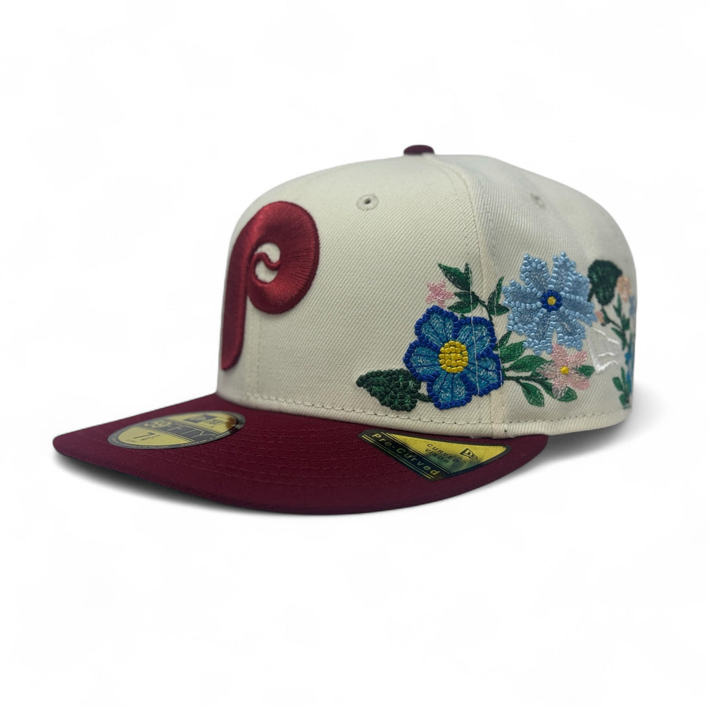 Philadelphia Phillies Tonal Floral Pre-Curved Fitted-Off White Burgundy