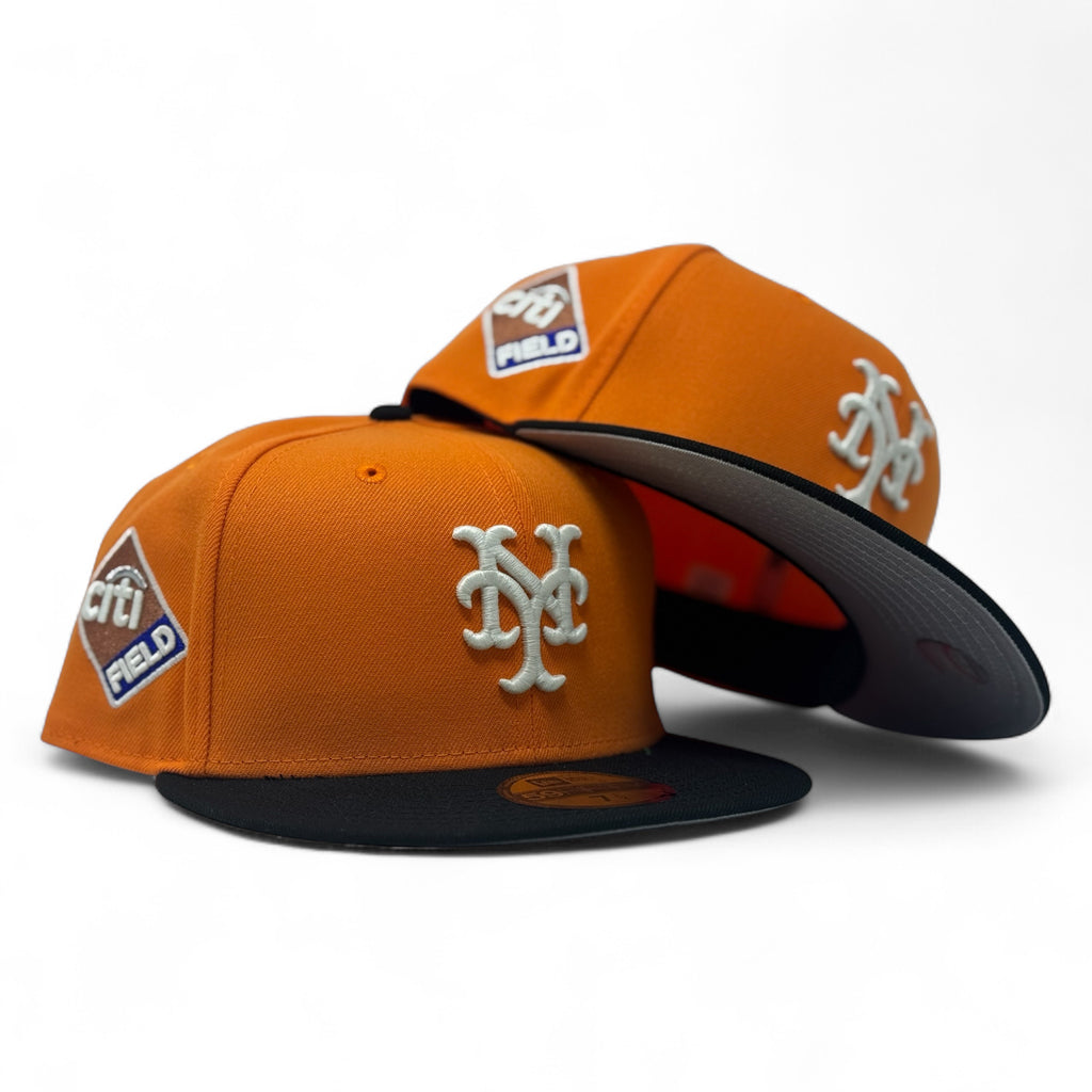 New York Mets Citi-Field Glow in the Dak Logo Fitted Hat-Light Orange Black