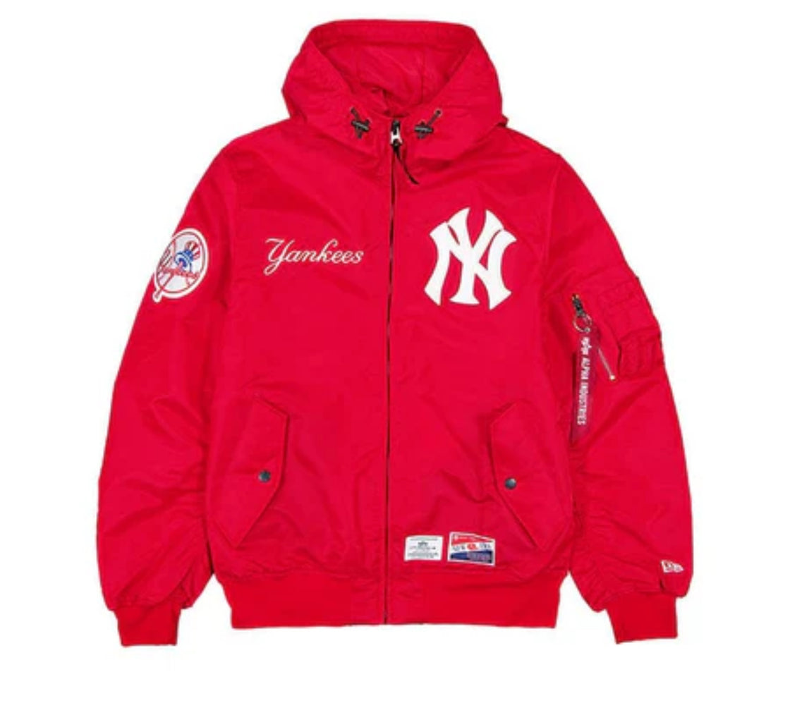 New York Yankees X Alpha X New Era L-2B Bomber Red Jacket with Hood