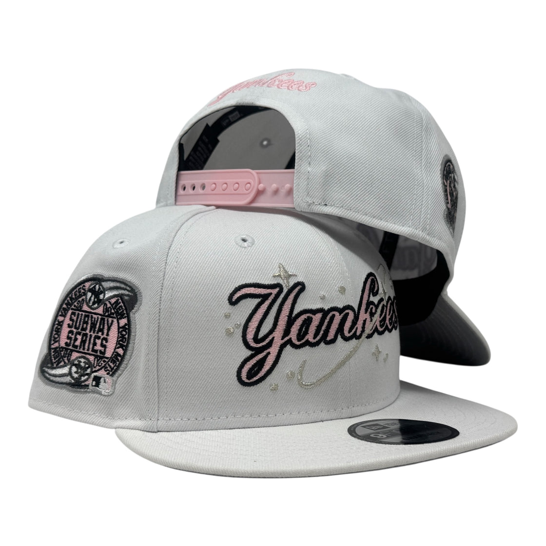 New York Yankees Subway Series Script Logo Snapback Hats-White Pink
