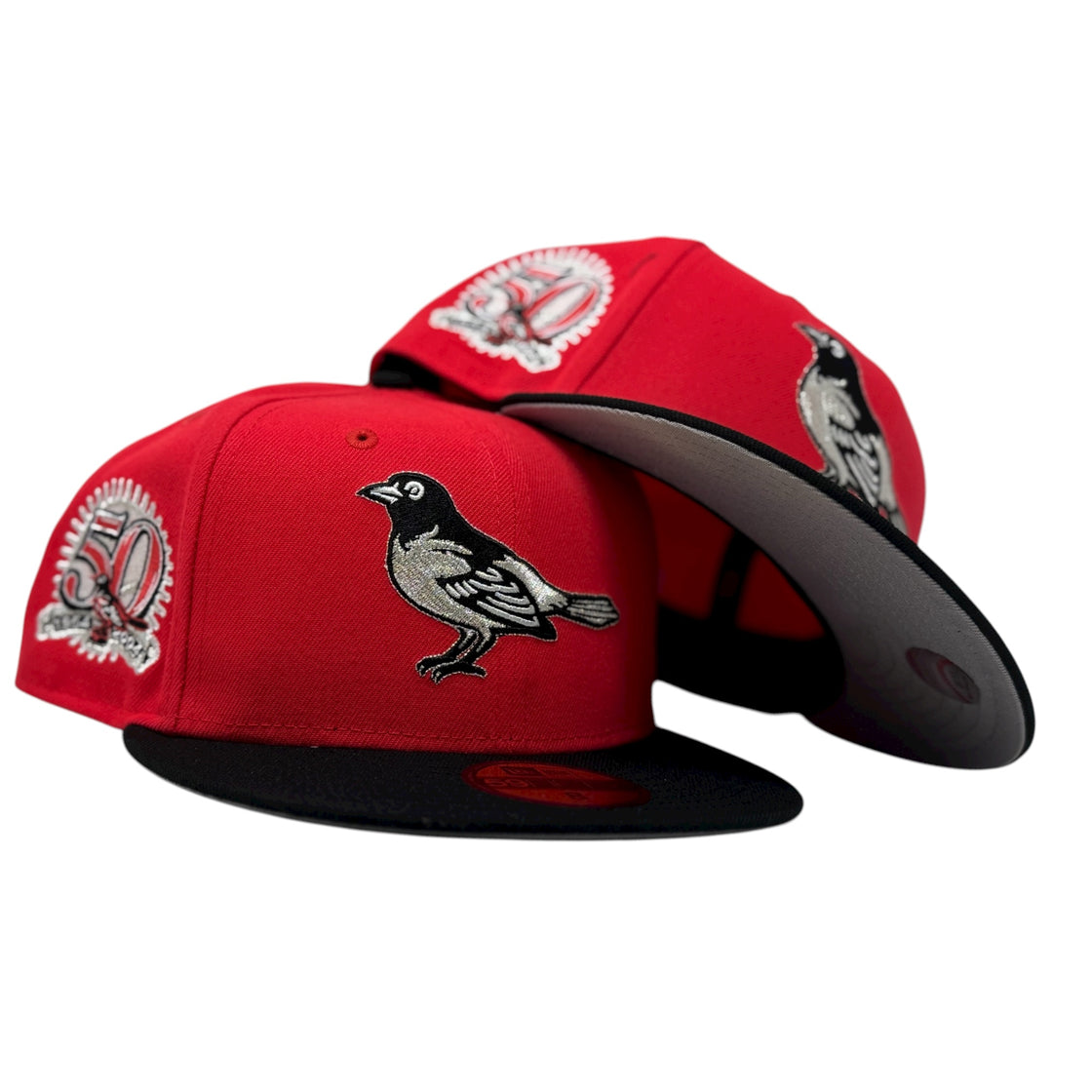 Baltimore Orioles 50th Anniversary Fitted Hats-Lava Red Black