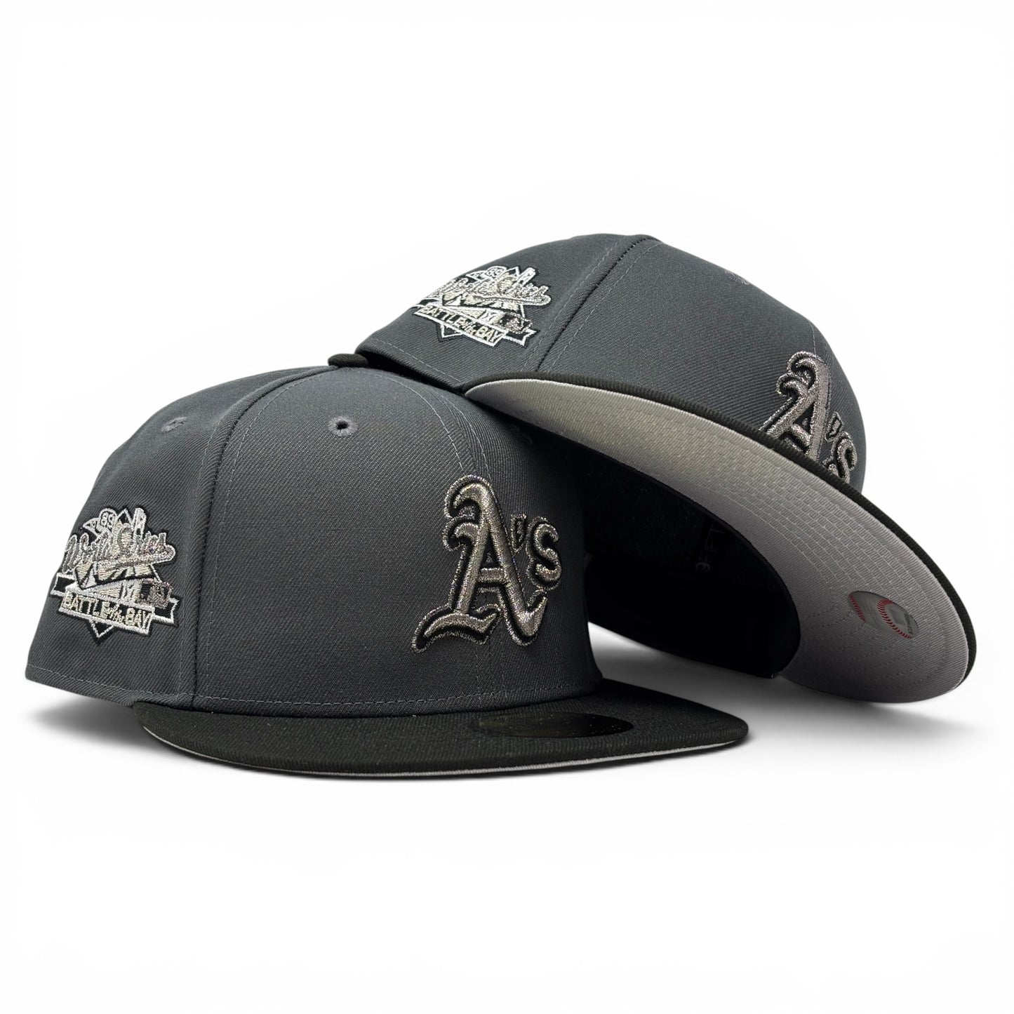 Oakland Athletics 1989 World Series Metallic Logo Fitted Hat- Dark Gray Black