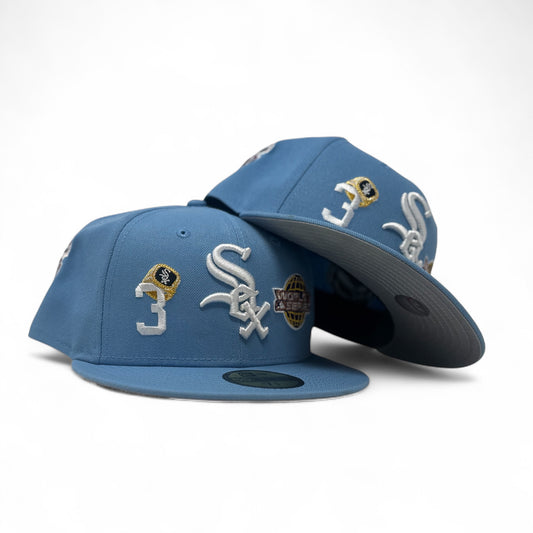 Chicago White Sox 3X Champions Multi Logo Fitted Hats-Sky Blue
