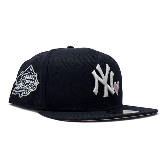 New York Yankees 1999 World Series with heart Pink Brim Fitted Hat-Navy