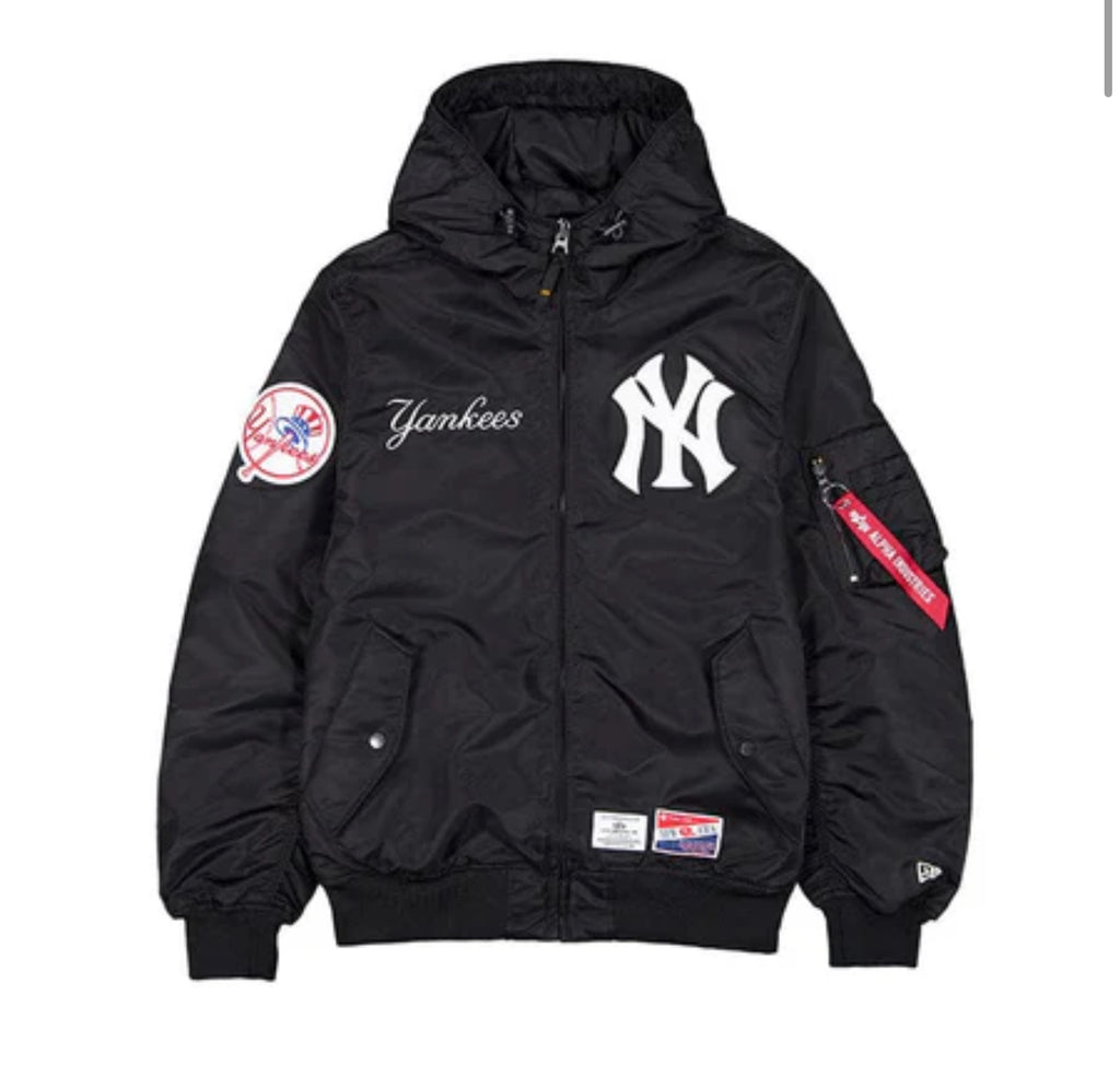 New York Yankees X Alpha X New Era L-2B Black Bomber Jacket with Hood
