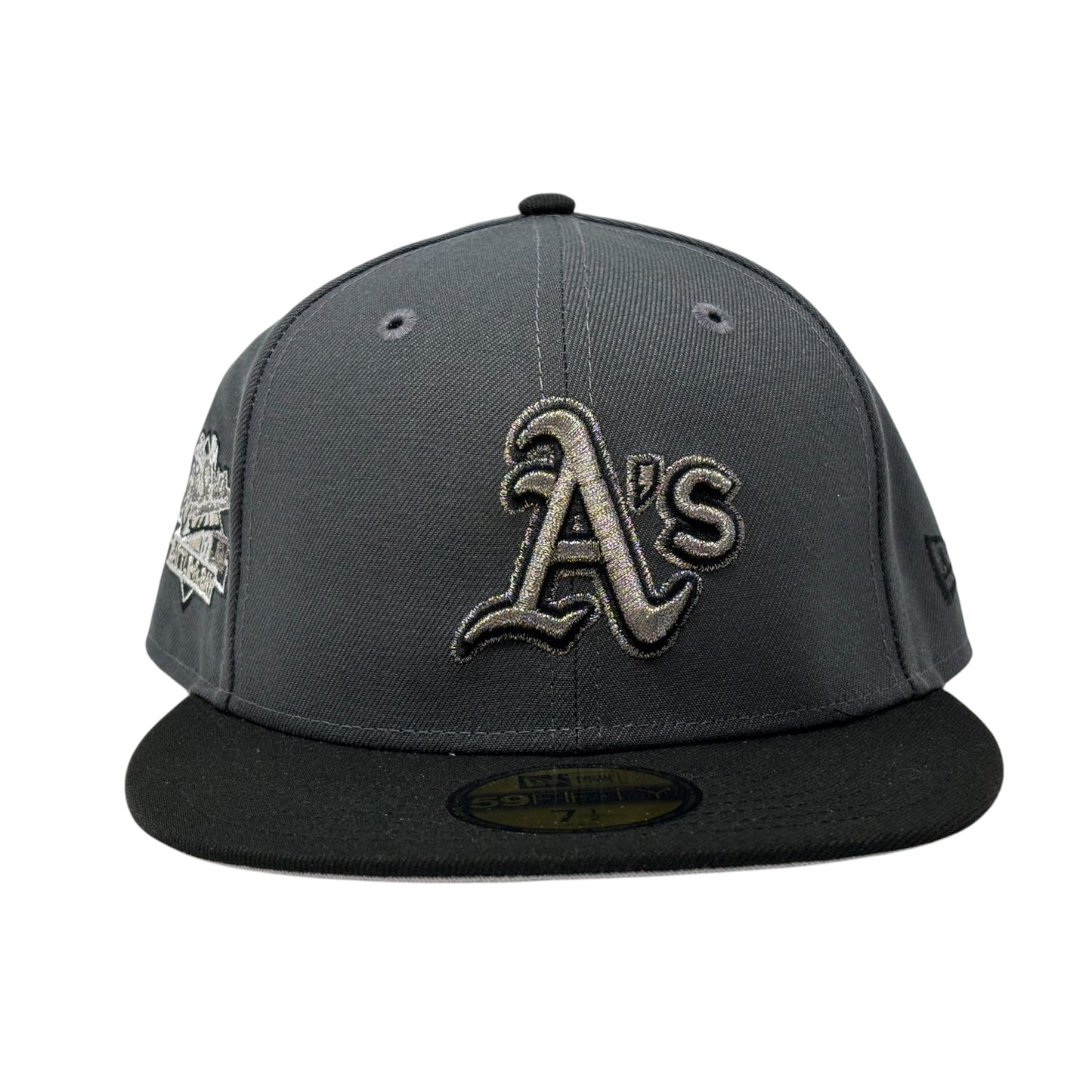 Oakland Athletics 1989 World Series Metallic Logo Fitted Hat- Dark Gray Black
