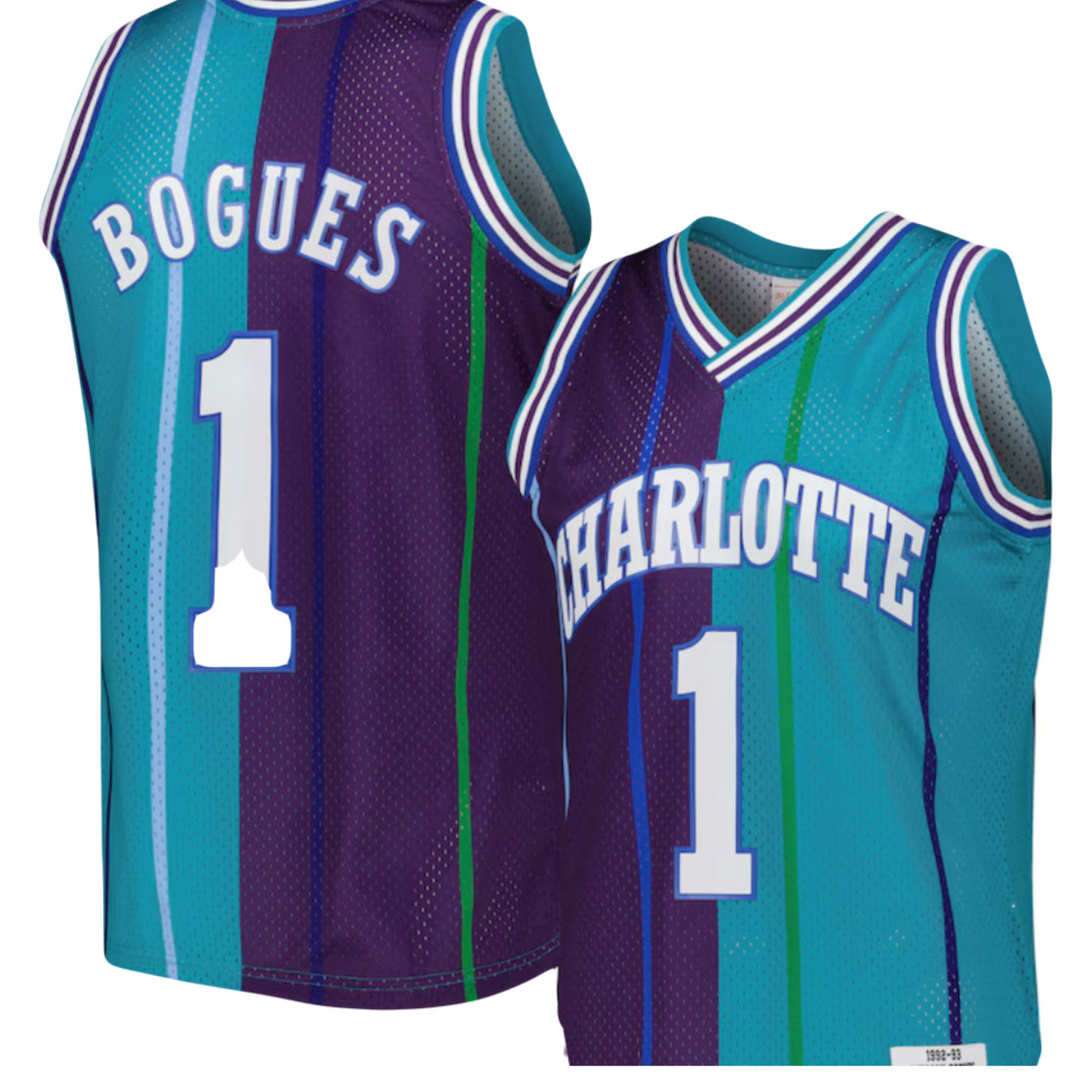 Men's Charlotte Hornets Muggsy Bogues Mitchell & Ness Teal/Purple Hardwood Classics 1992/93 Split Swingman Jersey