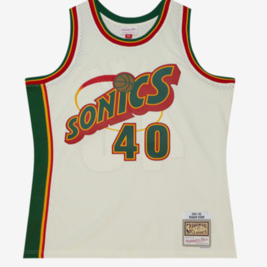 SEATTLE SUPERSONICS SHAWN KEMP CREAM MITCHELL AND NESS SWINGMAN JERSEY