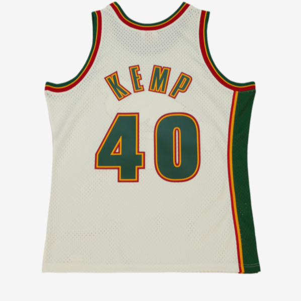 SEATTLE SUPERSONICS SHAWN KEMP CREAM MITCHELL AND NESS SWINGMAN JERSEY