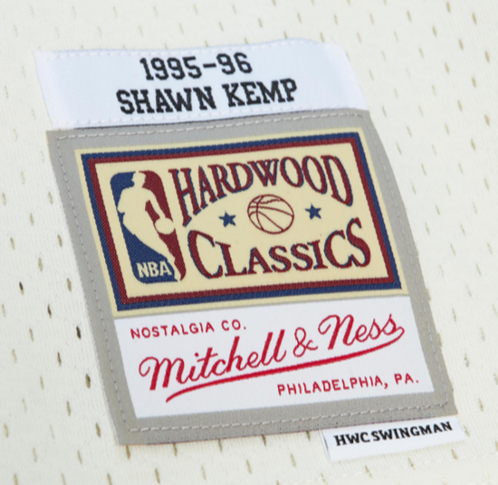 SEATTLE SUPERSONICS SHAWN KEMP CREAM MITCHELL AND NESS SWINGMAN JERSEY