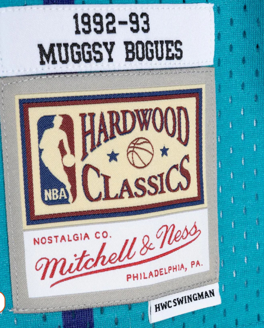 Men's Charlotte Hornets Muggsy Bogues Mitchell & Ness Teal/Purple Hardwood Classics 1992/93 Split Swingman Jersey