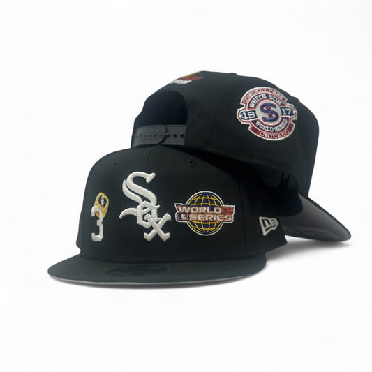 Chicago White Sox 3X Champions Multi Logo Snapback Hats-Black