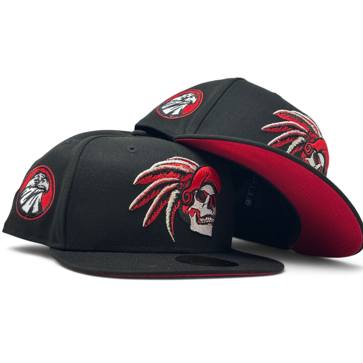 Aztec Skull Warriors Red Brim New Era Fitted Hat- Black