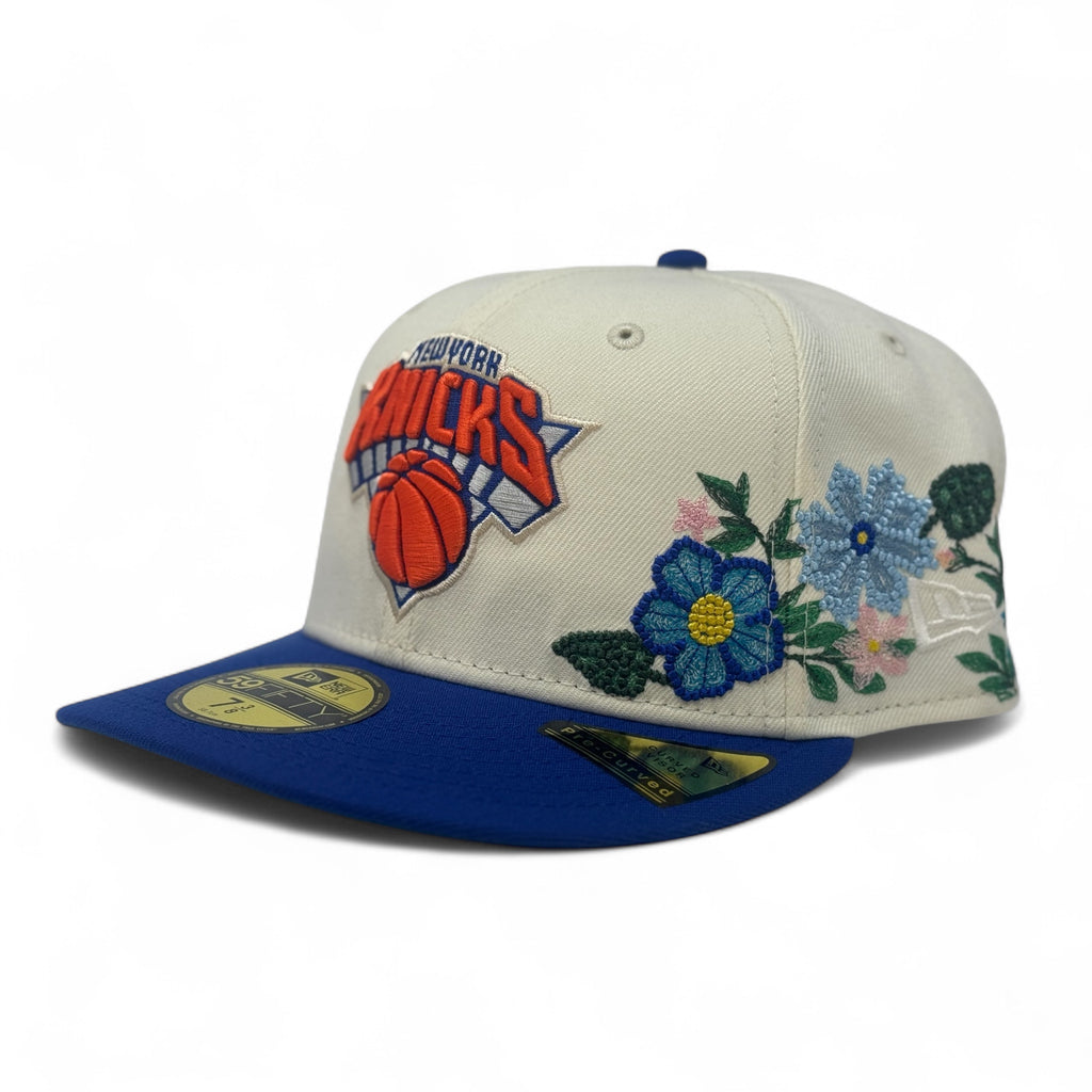New York Knicks Tonal Floral Pre-Curved New Era Fitted-Off White Royal